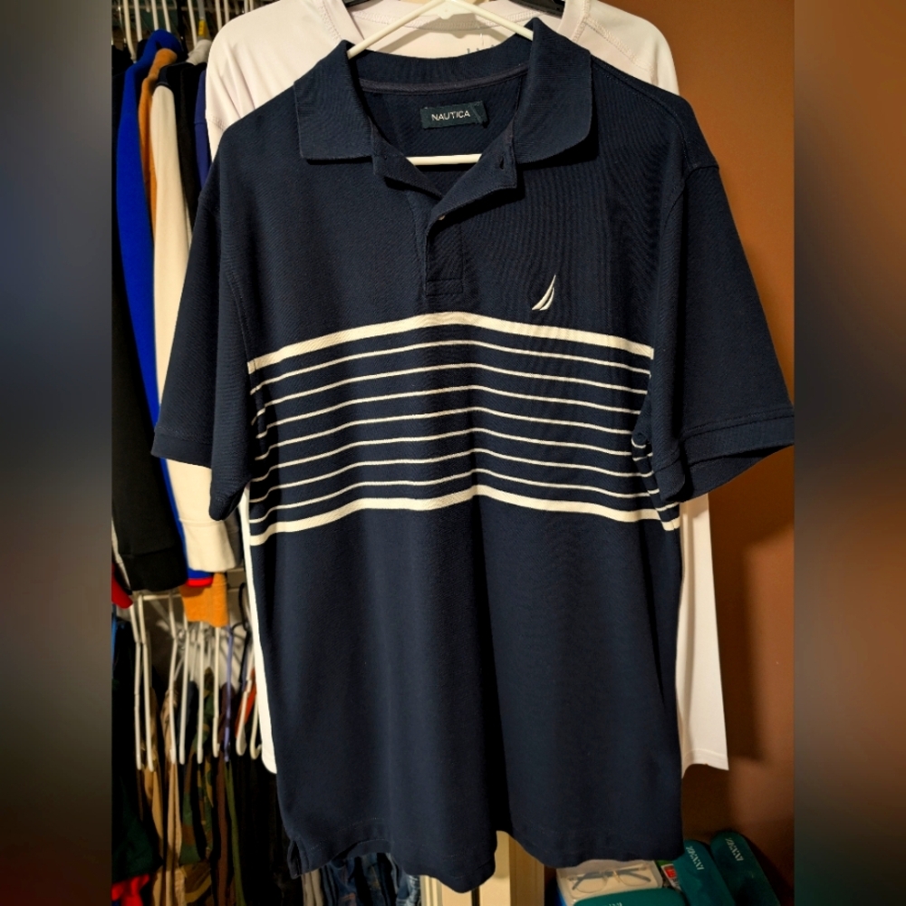 Nautica Mens Large Polo Navy/White Stripes ***Never Worn